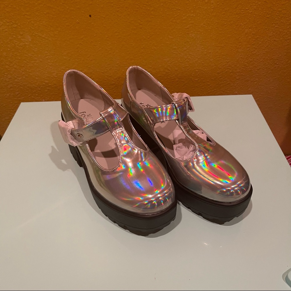 dolls kill koi footwear sai mary janes silver holographic
